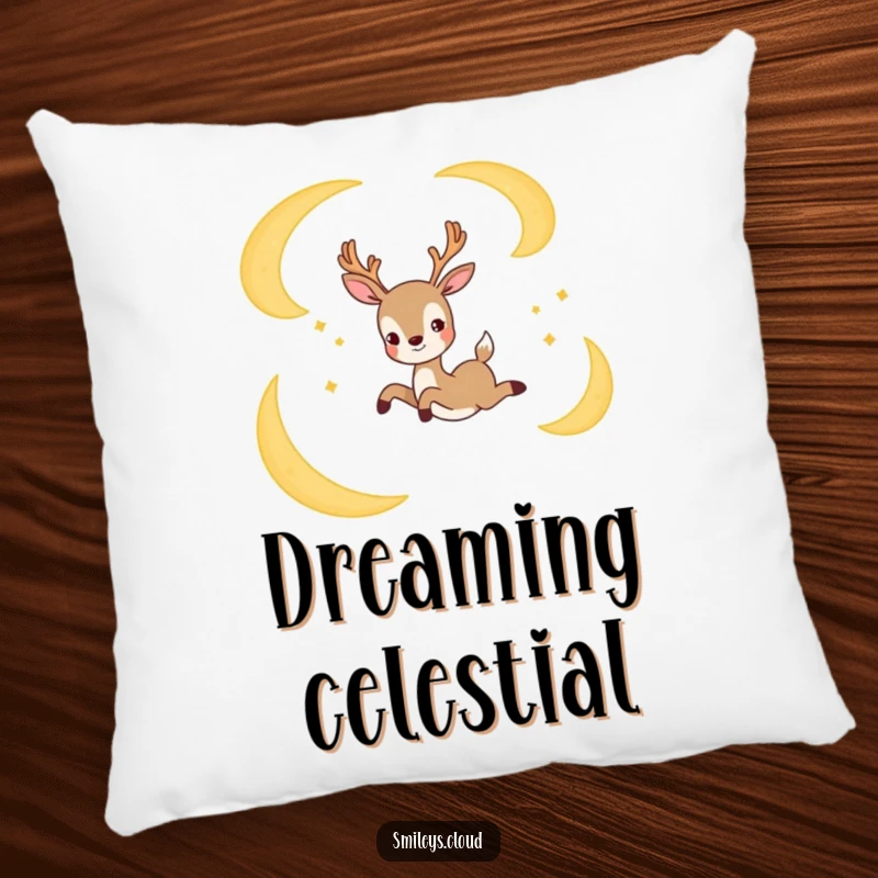 Funny pillow featuring a joyful deer gracefully leaping between crescent moons, offering cozy comfort and magical charm.