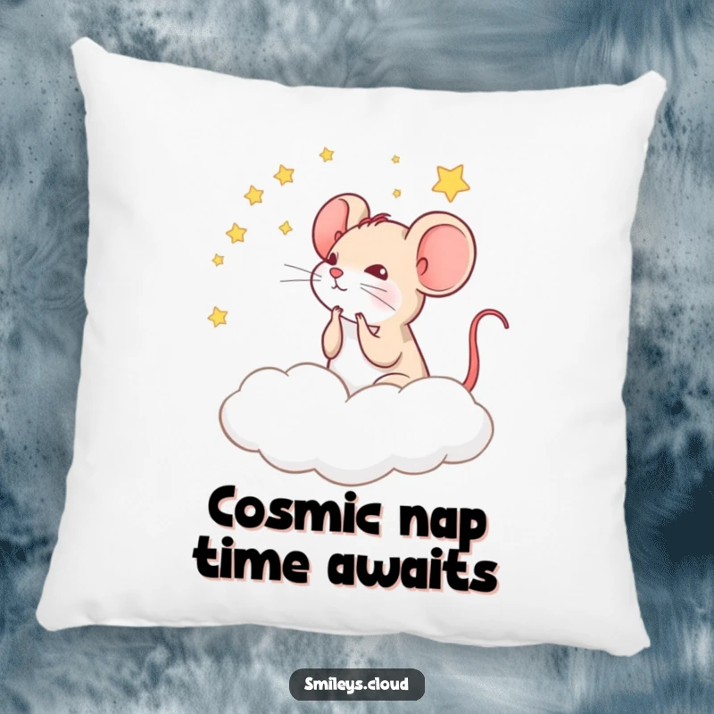 Funny pillow with a thoughtful mouse stargazing from a cloud, offering comfort and a touch of cosmic amusement.