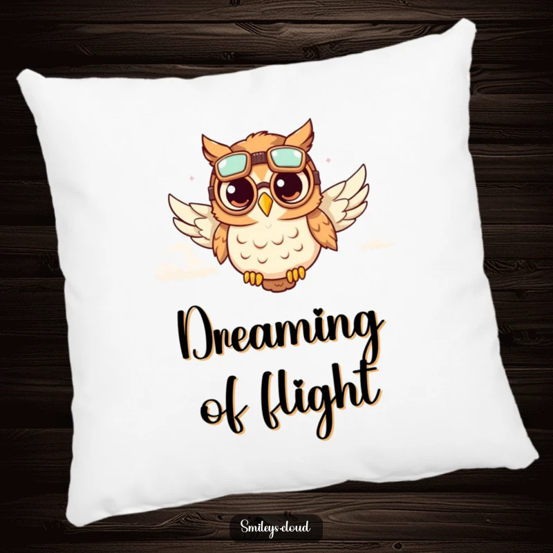 Funny decorative pillow with a cute owl wearing aviator goggles, soaring through clouds, offering funny comfort and charm.