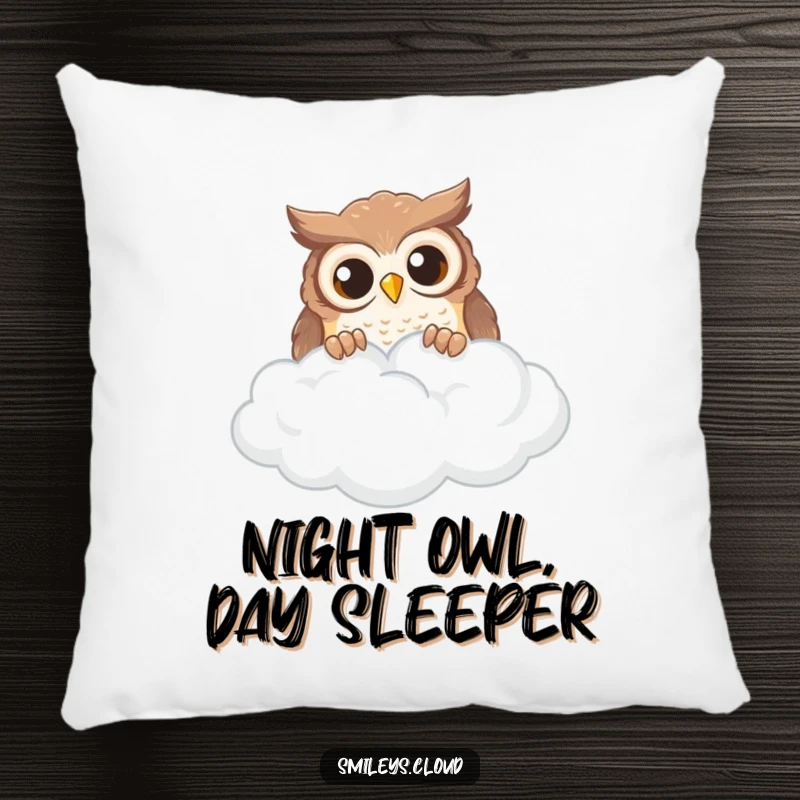 Funny curious owl peeking over a wispy cloud, soft decorative pillow.