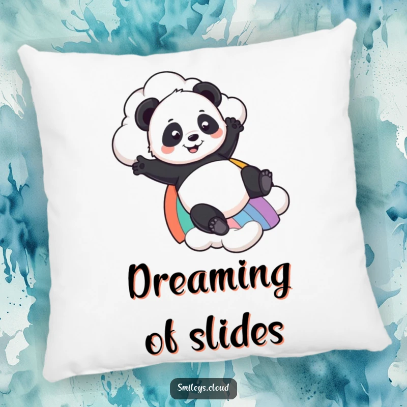 Funny Panda pillow with a playful panda sliding down a rainbow from a cloud, offering comfort and a touch of whimsical charm.