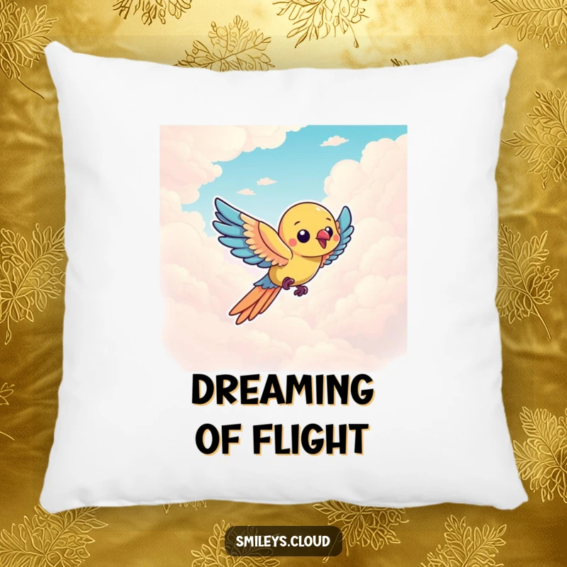 Funny parrot character flying gracefully through clouds, bringing joy to this soft, humorous pillow.