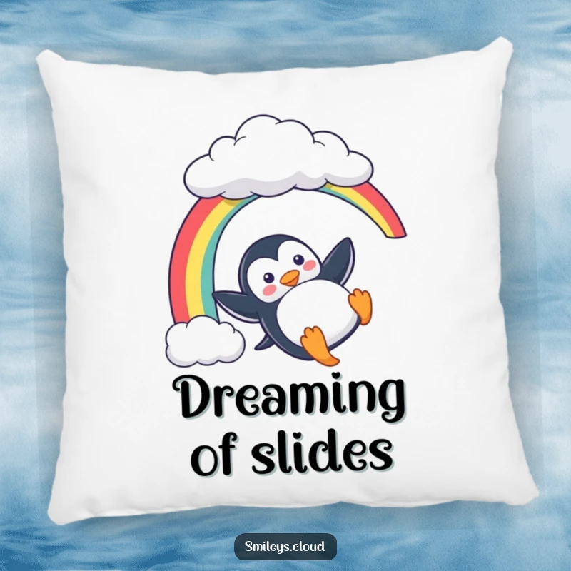 Funny Penguin Pillow: A playful penguin slides down a rainbow on this soft pillow, offering comfort and humorous charm.
