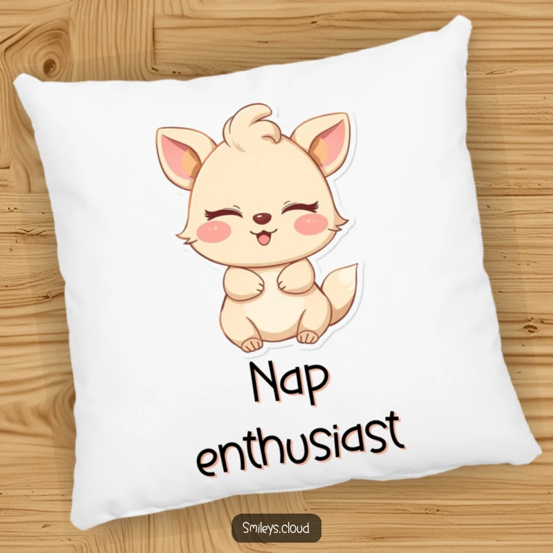 Funny pillow with a happy animal, eyes closed, enjoying a gentle breeze, offering comfort and a humorous touch of serene bliss.