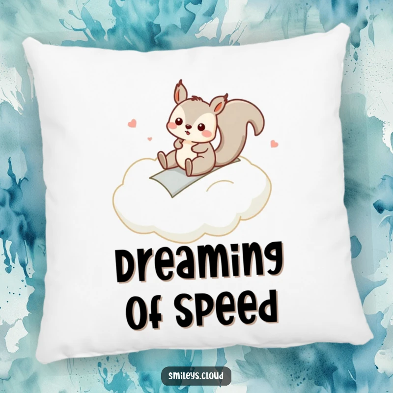Funny pillow with a silly squirrel sliding down a cloud, offering comfort and a cheerful dose of playful humor.