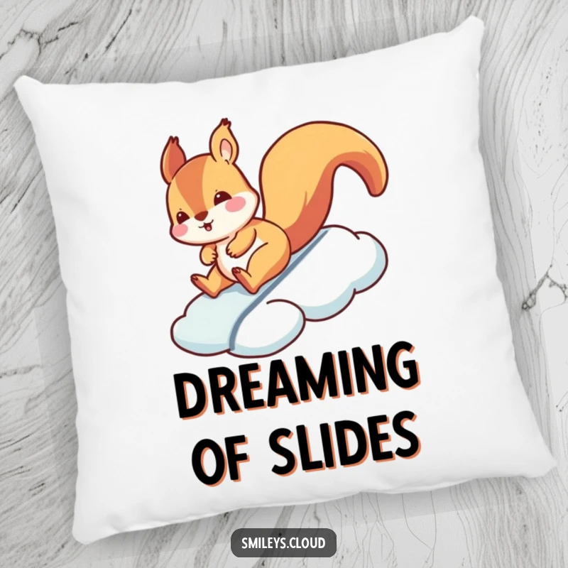 Funny squirrel pillow with a silly squirrel sliding down a cloud, a soft and humorous decorative accent.