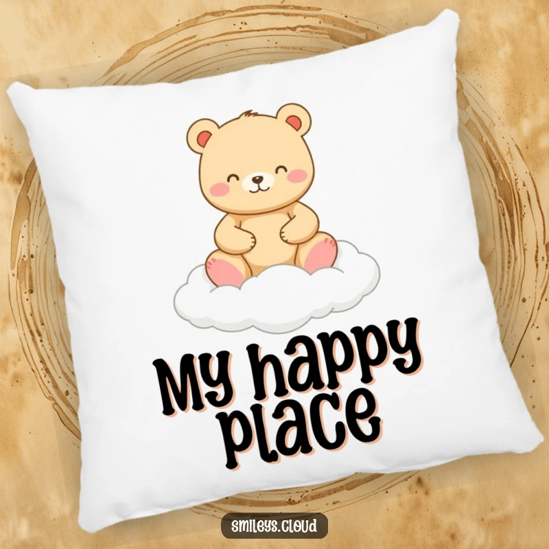 Funny pillow with a happy bear meditating calmly on a cloud, providing comfort and a humorous zen vibe.