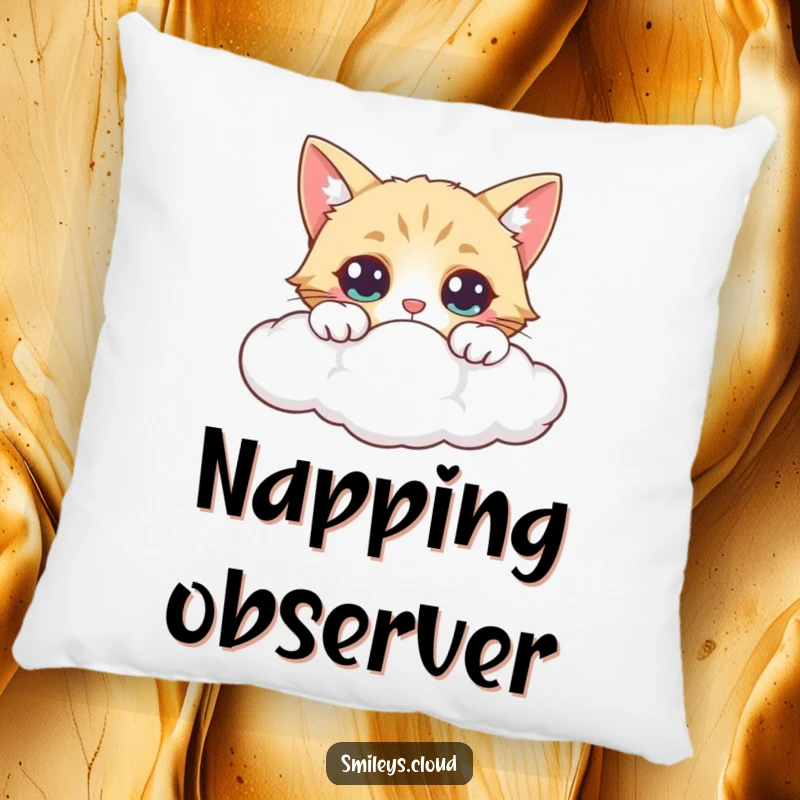 Funny pillow with a curious cat peeking over a cloud, eyes wide with wonder and a hint of delightful surprise.