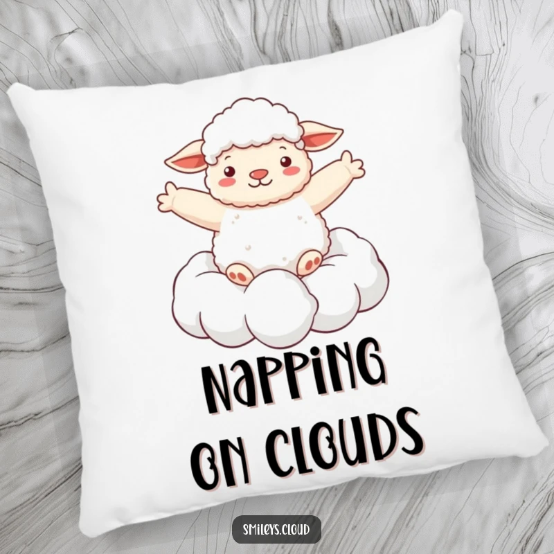 Funny pillow showcasing a fluffy sheep floating on a cloud with arms spread wide, embodying ultimate relaxation and dreamy bliss.