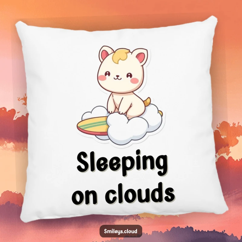 Funny pillow featuring a smiling animal riding a cloud surfboard, perfect for cozying up with happy dreams and lighthearted fun.