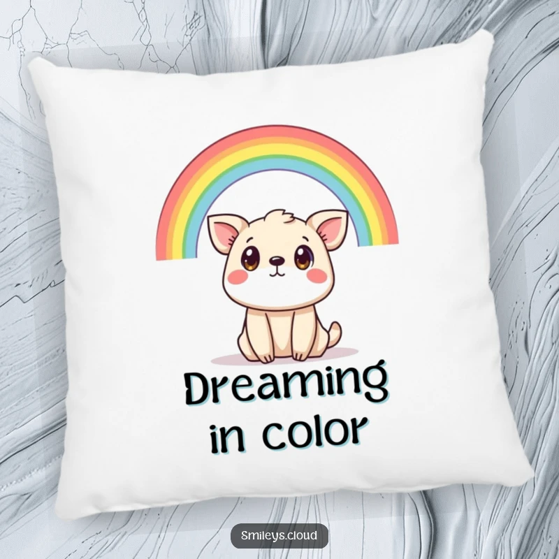 Funny pillow featuring a comically surprised animal looking up at a colorful rainbow, perfect for adding comfort and cheer.