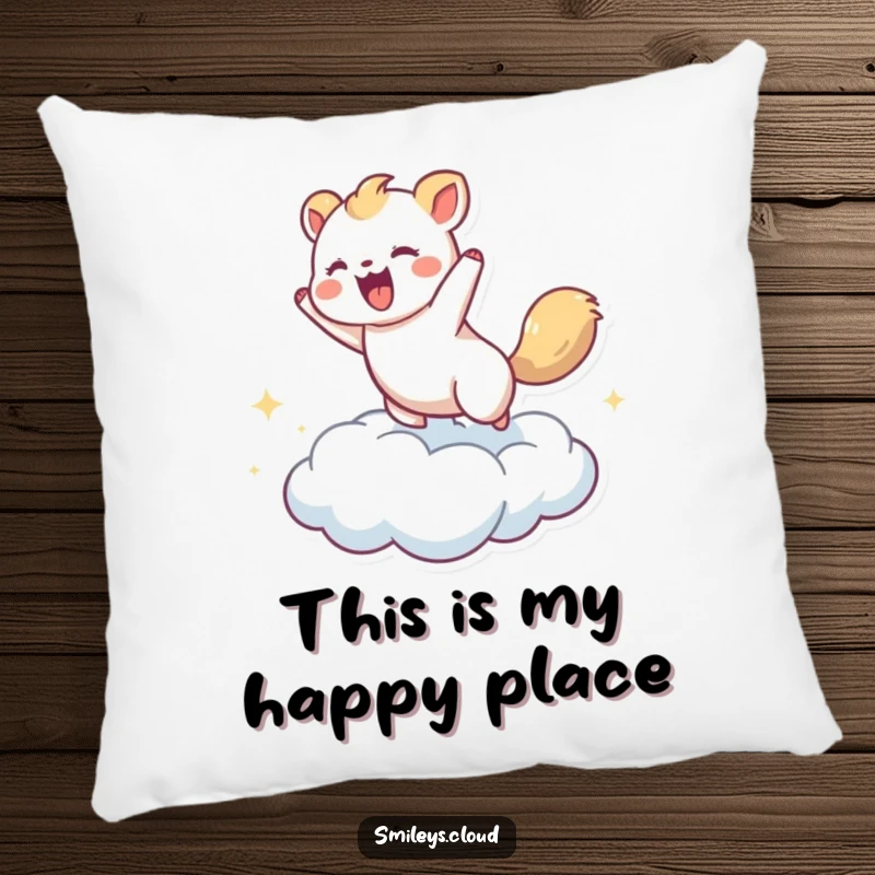 Funny pillow depicting a happy animal bouncing high on a soft cloud, perfect for adding a cheerful touch.