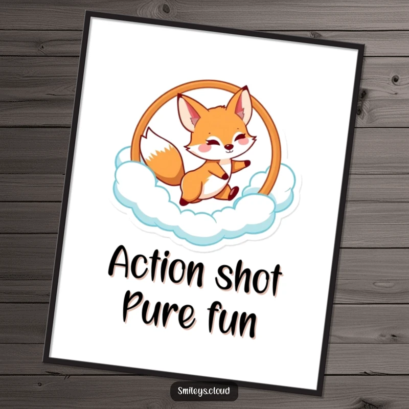 Funny fox digital art print of a playful fox leaping through a cloud hoop, exuding excitement and fun.