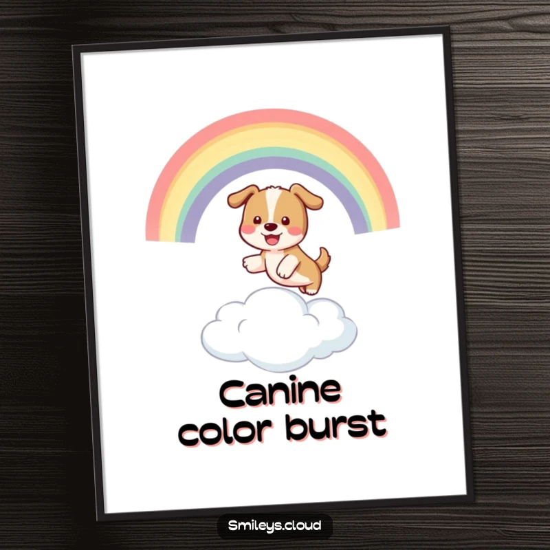 Funny digital art print of a playful dog jumping through a rainbow over a cloud, conveying funny energy and joy.