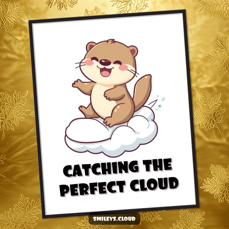Funny cheerful otter surfing on a rolling cloud, high-resolution digital art.