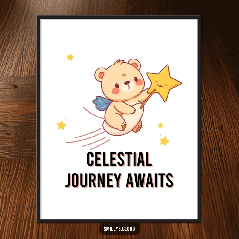 Funny digital art print showing a happy bear cub riding a shooting star with immense glee, capturing a moment of pure cosmic joy.