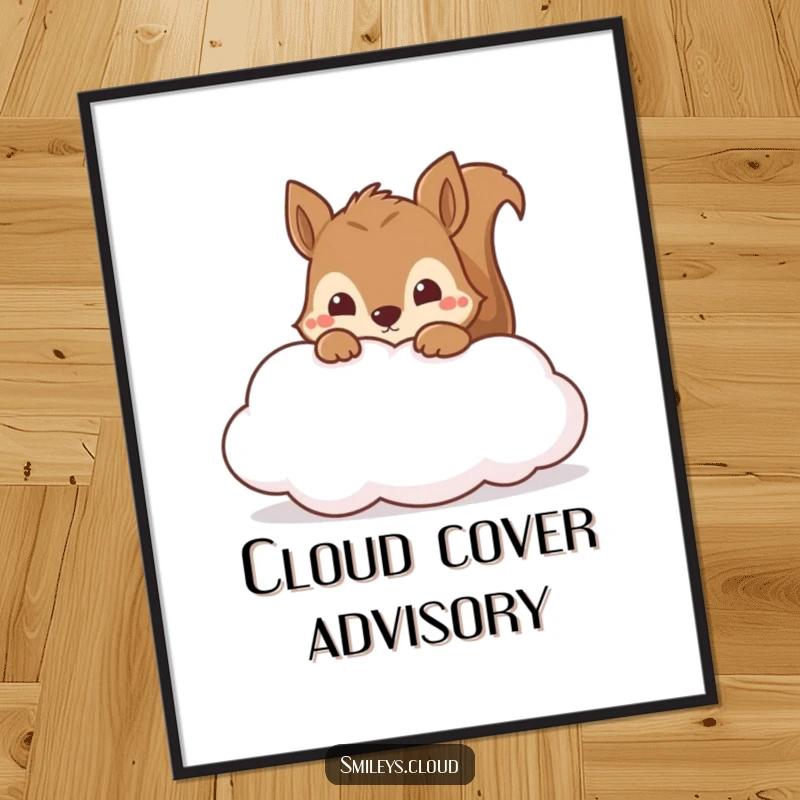Funny curious squirrel peeking from a soft cloud, presented as a high-resolution digital art print for instant decor.