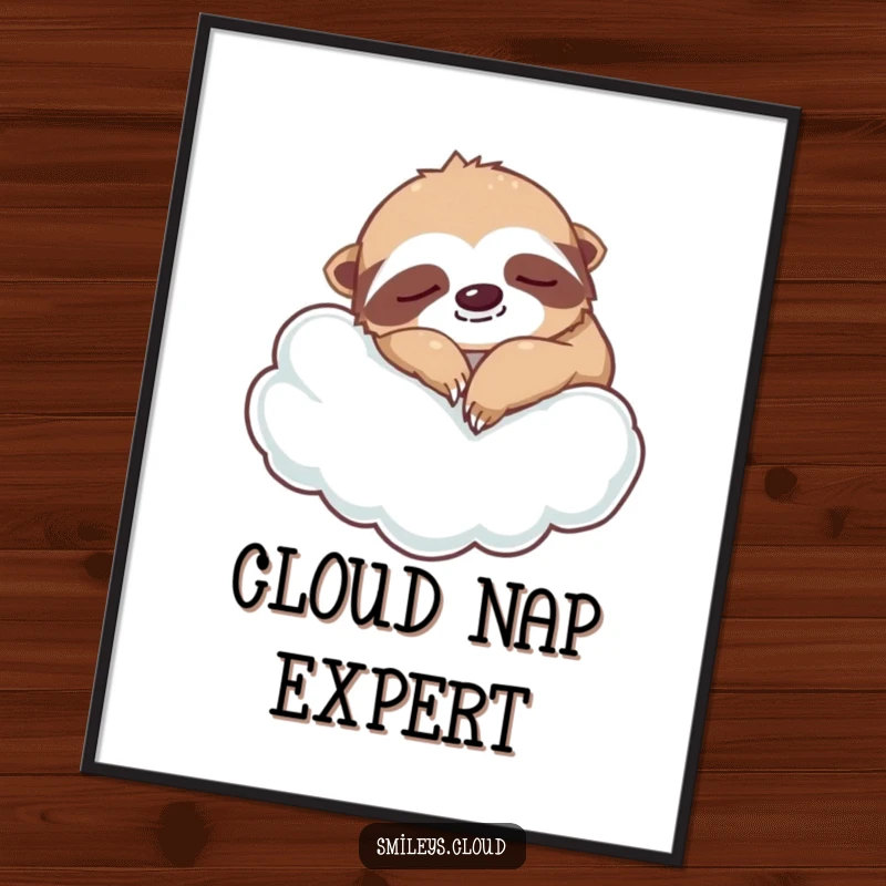 Funny silly sloth digital art print showing a napping sloth on a cloud, ready for download as humorous and relaxing home decor.