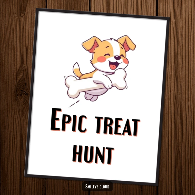 Funny digital art print of a giggling dog chasing a cloud shaped like a bone, capturing pure canine excitement.