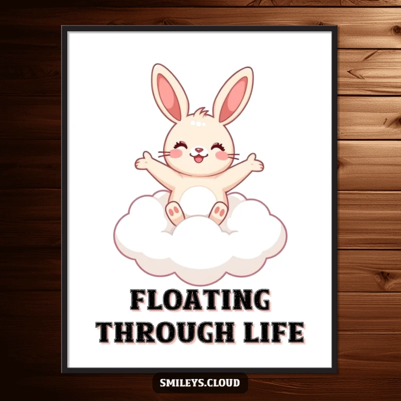 Funny cute bunny floating on a fluffy cloud, arms outstretched, high-resolution digital art.