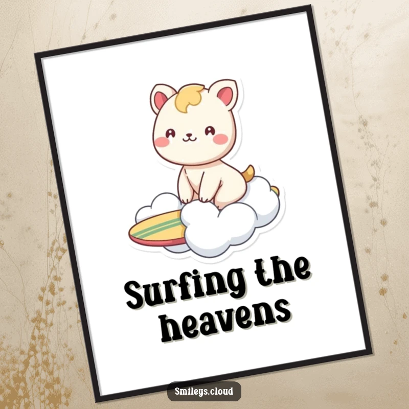 Funny digital art print of a smiling animal joyfully surfing on a cloud, embodying pure happiness and carefree fun.