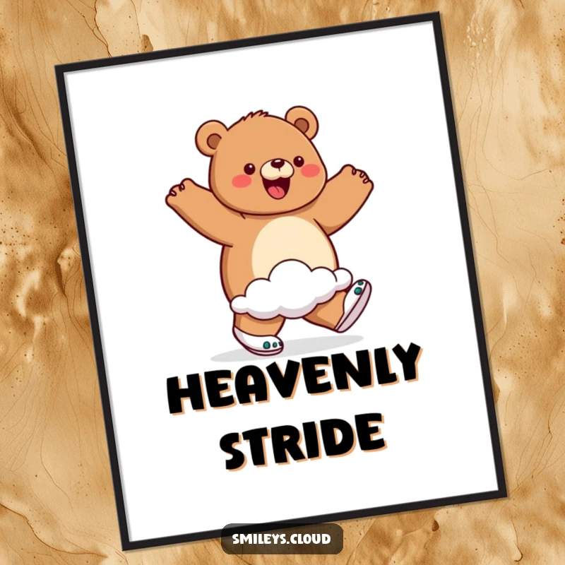 Funny digital art print of a proud bear wearing cloud shoes and walking on air, embodying ultimate joy and lightness.