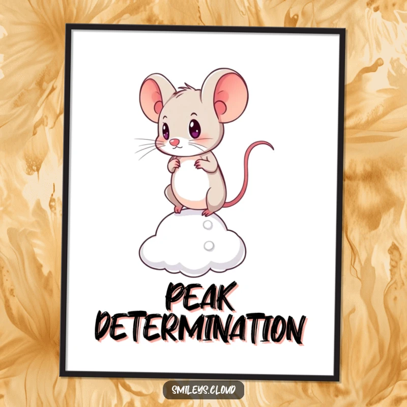 Funny digital art print of a brave mouse looking determined while balancing on a tiny cloud, symbolizing inner strength.