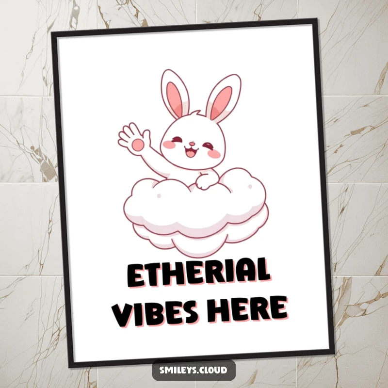 Funny digital art print of a cheerful bunny floating on a fluffy cloud, waving hello, creating a serene and joyful atmosphere.