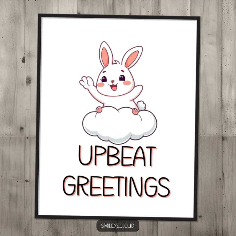 Funny Bunny Digital Art: A happy bunny waves from a fluffy cloud, creating cheerful and humorous downloadable wall art.