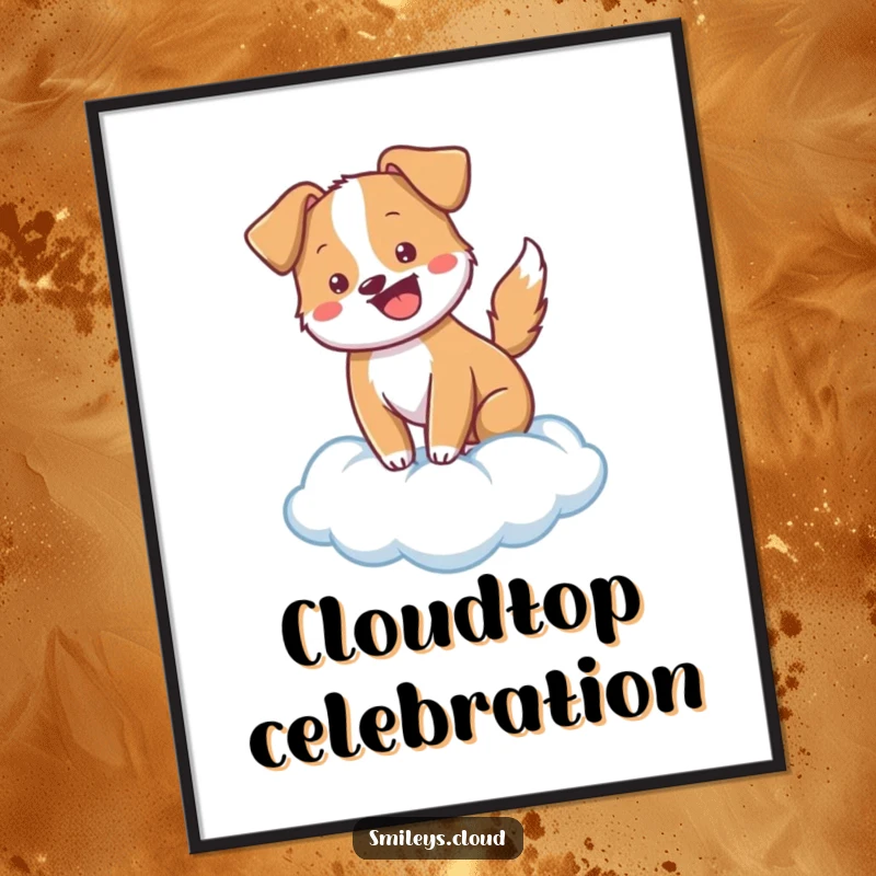 Funny cheerful dog wagging its tail on a cloud, presented as a high-resolution digital art print for instant decor.