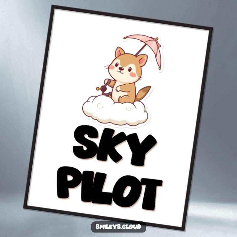 Funny digital art print of a determined animal steering a cloud with a tiny umbrella, symbolizing courage and a humorous quest.