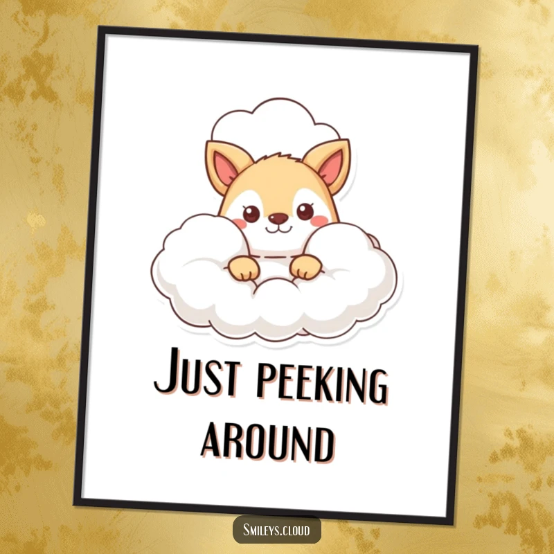 Funny digital art print of an animal character curiously peeking from behind a fluffy cloud, inviting viewers into a whimsical scene.