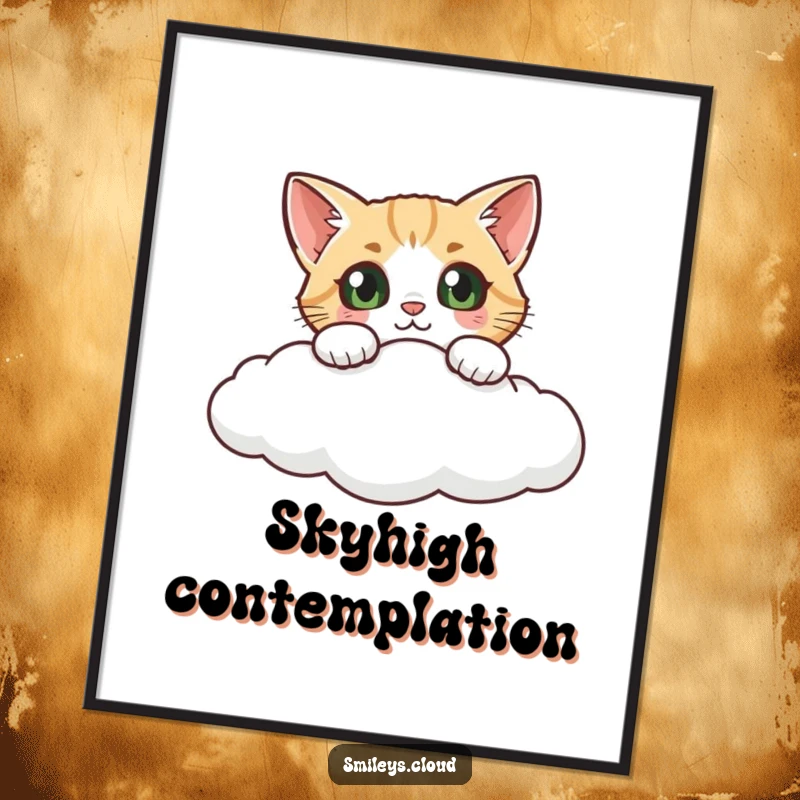 Funny cat digital art print, a curious cat peeking over a cloud, offering instant whimsical decor and playful charm.