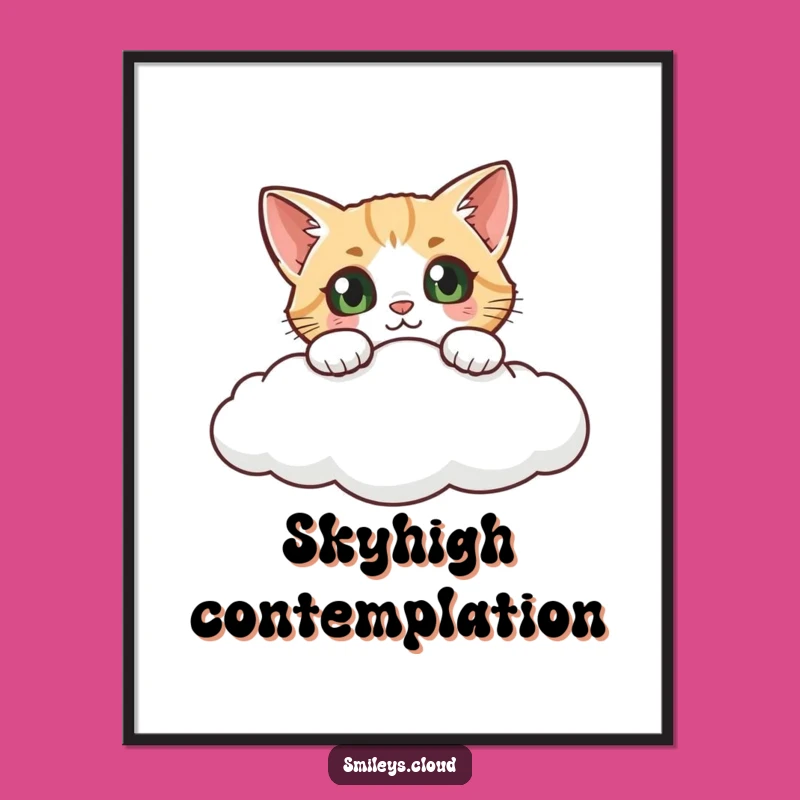 Funny Curious Cat Cloud Digital Print: Whimsical Art for Instant Cheerful Decor