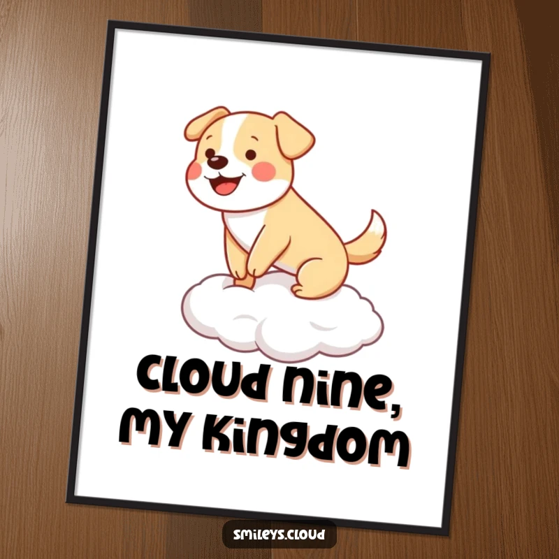 Funny happy dog wagging its tail, balancing on a cloud, high-resolution digital art.