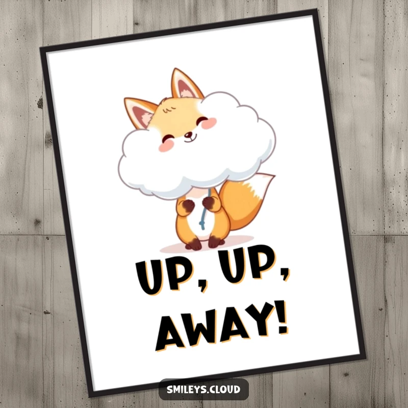 Funny fox digital art print, a cheerful fox holding a fluffy cloud like a balloon, symbolizing instant joy and whimsical decor.