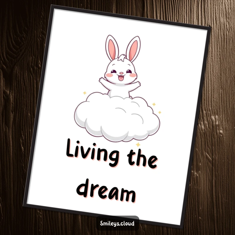 Funny grinning bunny joyfully bouncing on a cloud, as an instant download digital art print, radiating pure happiness.