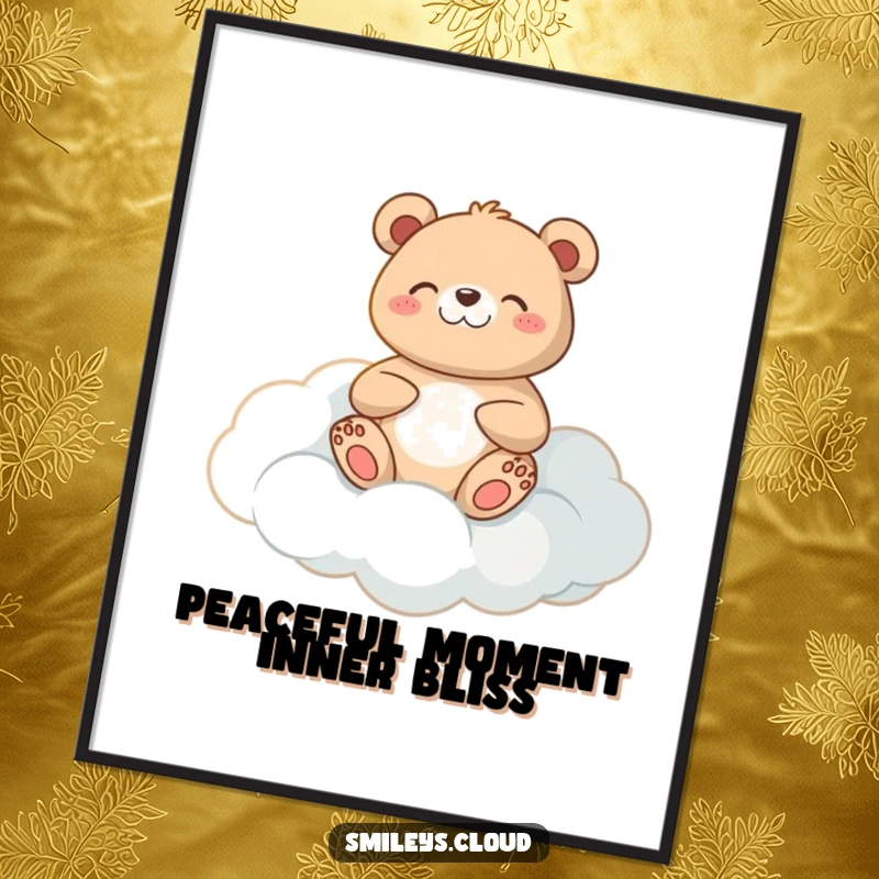 Funny meditating bear digital art print of a peaceful bear meditating on a cloud, creating a tranquil ambiance.