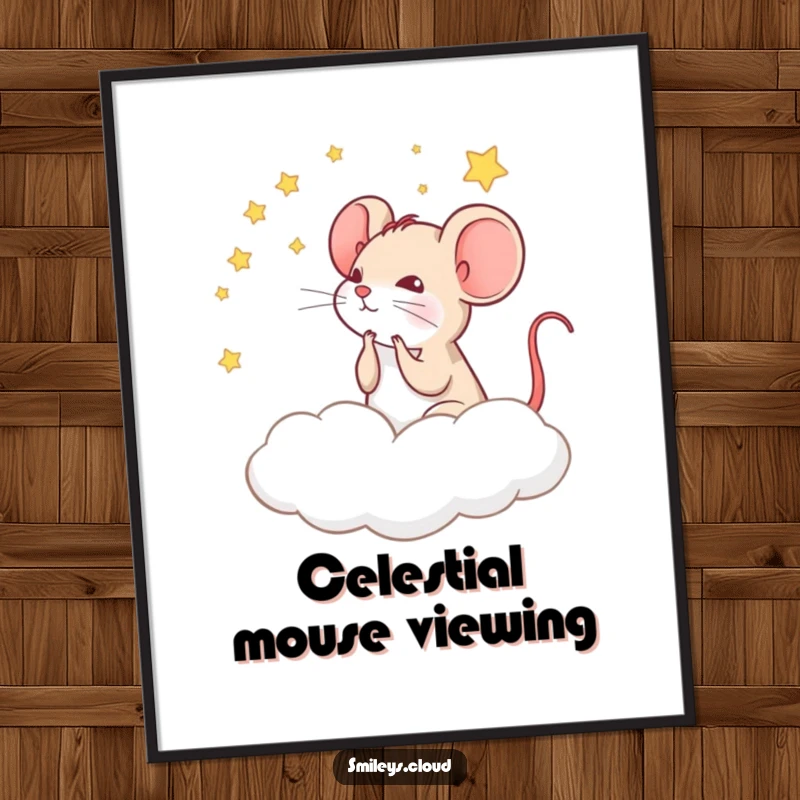 Funny digital art print of a thoughtful mouse gazing at stars from a cloud, perfect for adding whimsical wonder to decor.