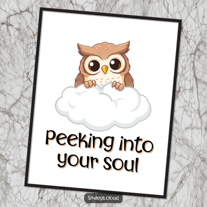 Funny curious owl peeking over a wispy cloud, high-resolution digital art.