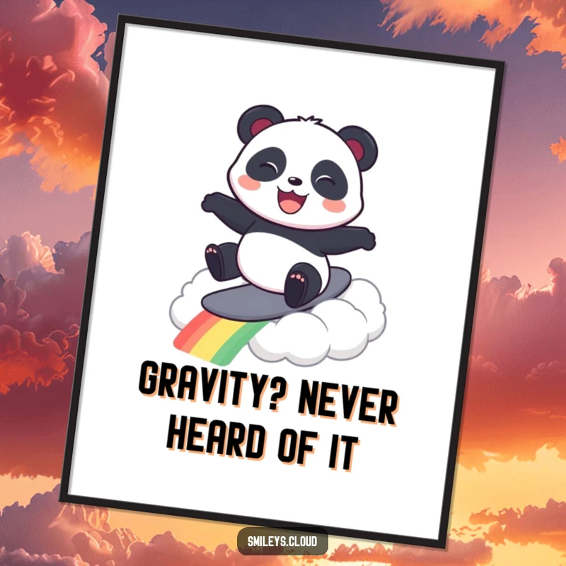 Funny digital art print of a delighted panda surfing a spectacular rainbow cloud, capturing a whimsical and joyous moment.