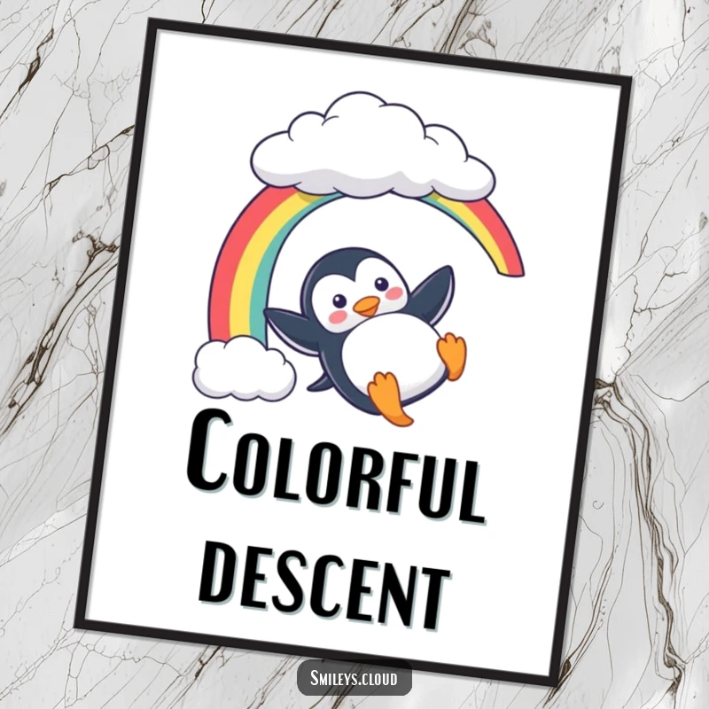 Funny Penguin Digital Art: A playful penguin slides down a rainbow from a cloud, creating vibrant and humorous downloadable wall art.