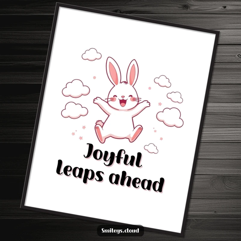 Funny digital art print of a happy rabbit leaping between scattered clouds with pure joy, embodying playful energy and infectious happiness.