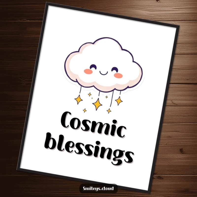 Funny smiling cloud face on a digital art print sending sparkling stars downward, perfect for dreamy decor.