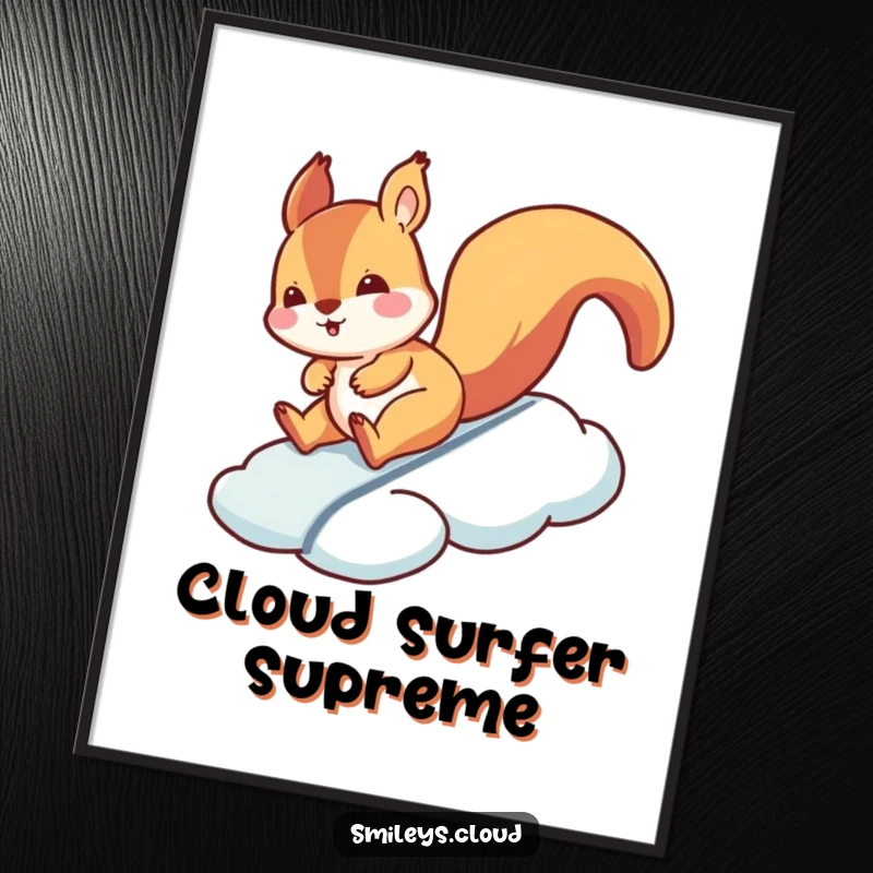 Funny squirrel digital art print of a silly squirrel sliding down a cloud, a humorous and delightful artwork.