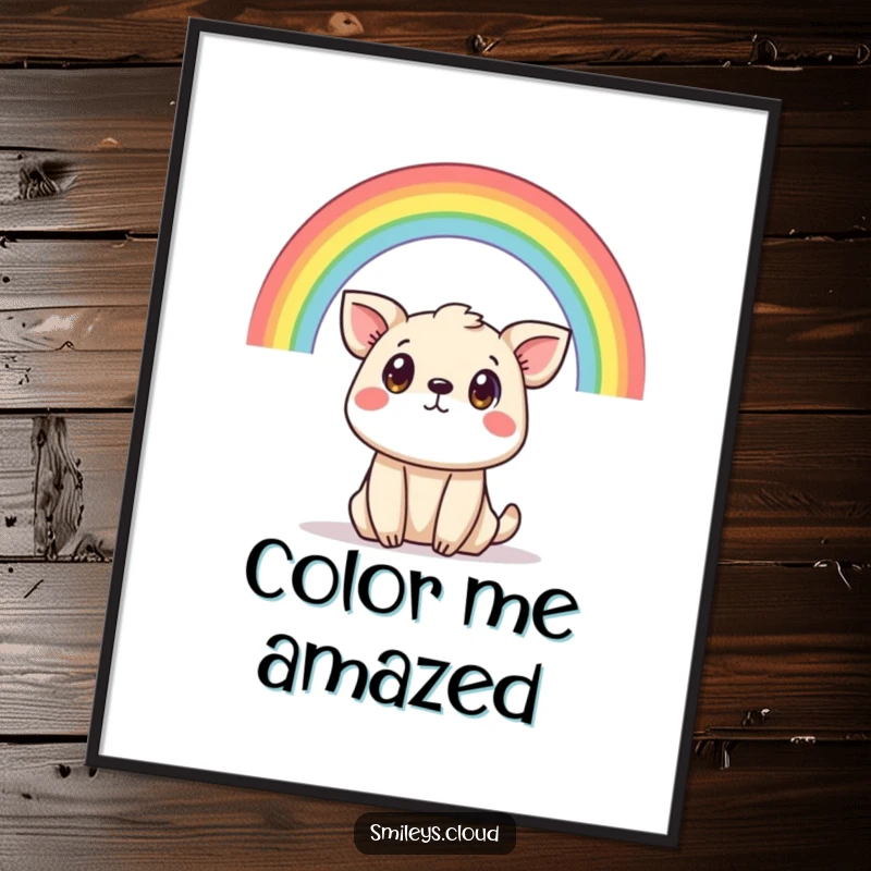 Funny digital art of a startled animal under a vibrant rainbow, perfect for adding a humorous and magical touch to any space.