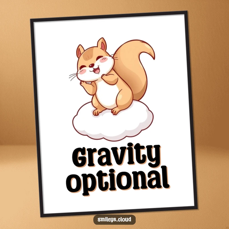 Funny Squirrel digital art print of a giggling squirrel doing a flip on a cloud cushion, perfect for adding whimsical humor to any space.