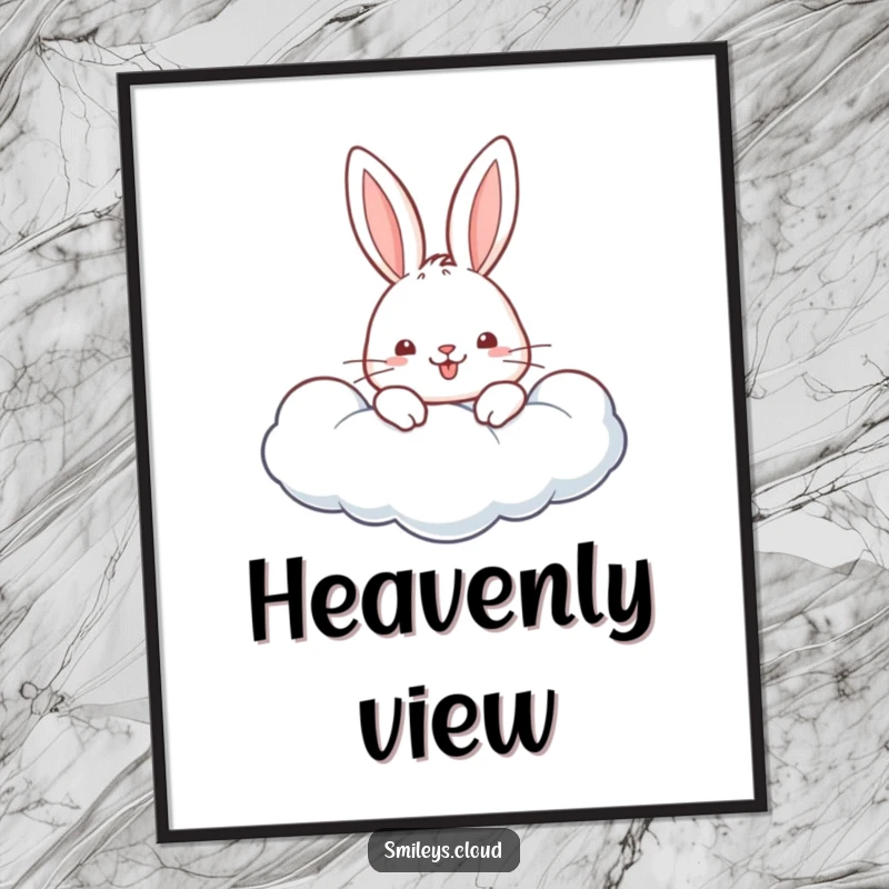 Funny digital art print of a cheerful rabbit peeking from a fluffy cloud, radiating happiness and cuteness.