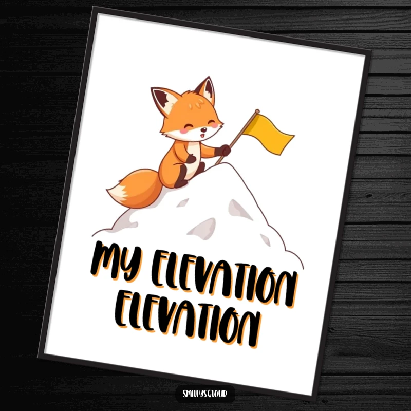 Funny digital art print of a determined fox planting a flag on a cloud peak, celebrating humorous achievement.