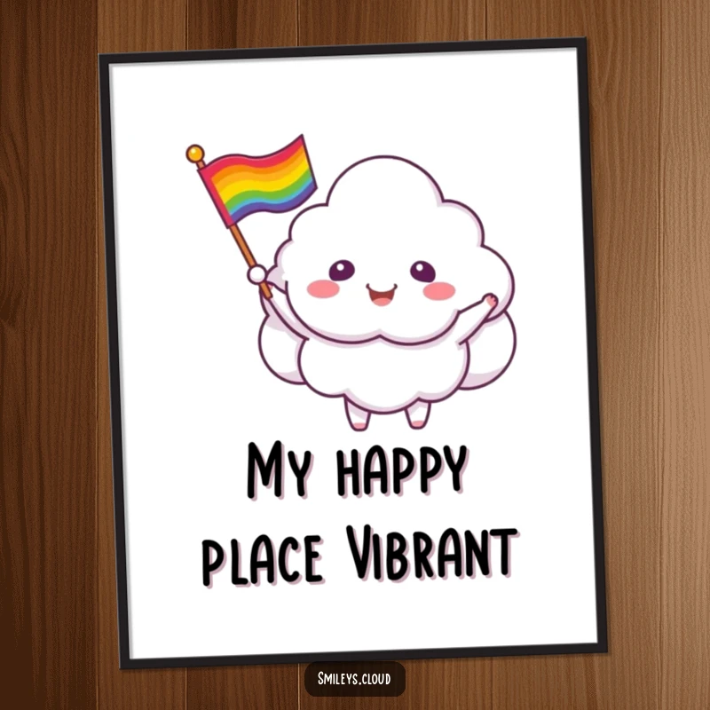 Funny cloud critter digital art print of a smiling cloud waving a rainbow flag, symbolizing joy and inclusivity.